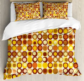 

Mid Century Duvet Cover Set Kitsch and Retro Styled Round Edged Square Pattern in Old Earth Tones Bedding Set Brown Yellow
