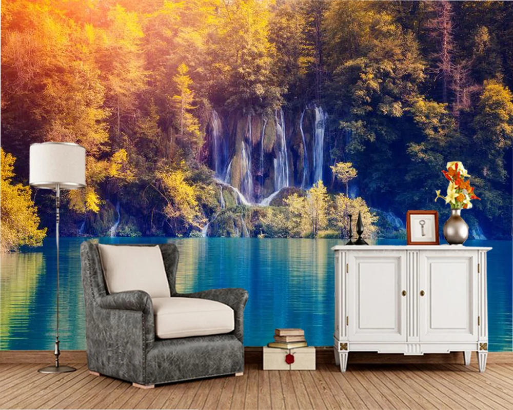 Papel де parede Sunlit лес озеро природные 3d обои, гостиная ТВ диван спальня обои для стен бар ресторан росписи