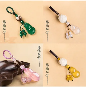 

Natural Agates Stone Gourd Pendant Handmade Carved Lotus Keychains Key Ring Key Holder for Women Car Bags Accessories