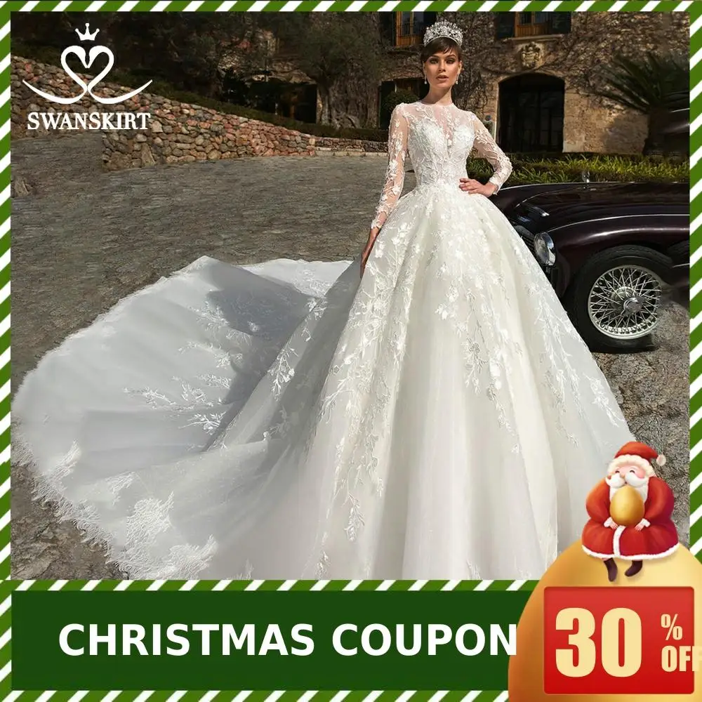 Роскошное Свадебное платье Swanskirt с длинным рукавом, бальное платье с аппликацией, свадебное платье с длинным шлейфом, большие размеры, Vestido De Noiva N120