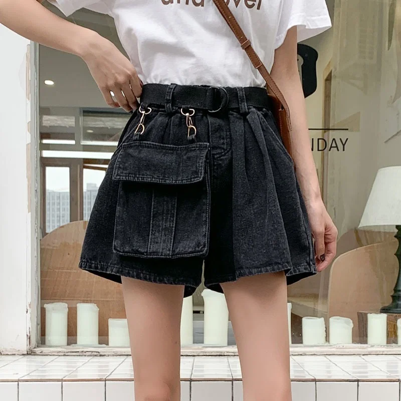 Women Big Pocket Loose Oversized Jeans Shorts Fashion High Waist Denim Shorts Female Summer Wide Leg Short Jeans Elastic Waist