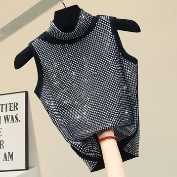 

Sexy Tank Top Woman Slim Nightclub Style Sleeveless Heavy Work Hot Drilling Base Tanks Women's Tops Black