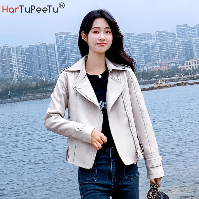 Женская куртка из искусственной кожи в Корейском стиле, пальто на молнии из искусственной кожи, осень 2020, приталенная, консервативный стиль, с длинным рукавом, базовая, крутая, молодежная верхняя одежда