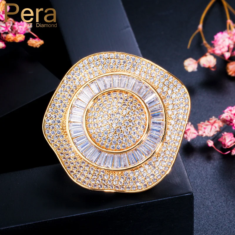 

Pera Luxury Yellow Gold Color Wedding Party Micro Pave Cubic Zircon Big Round Brooches Jewelry for Women Dress Accessories C003