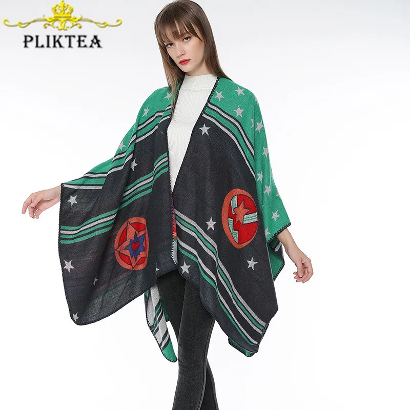 

PLIKTEA High Quality Green Star Patchwork Women's Winter Cashmere Poncho Female scarf ladies Square shawl Big Size Women Scarves