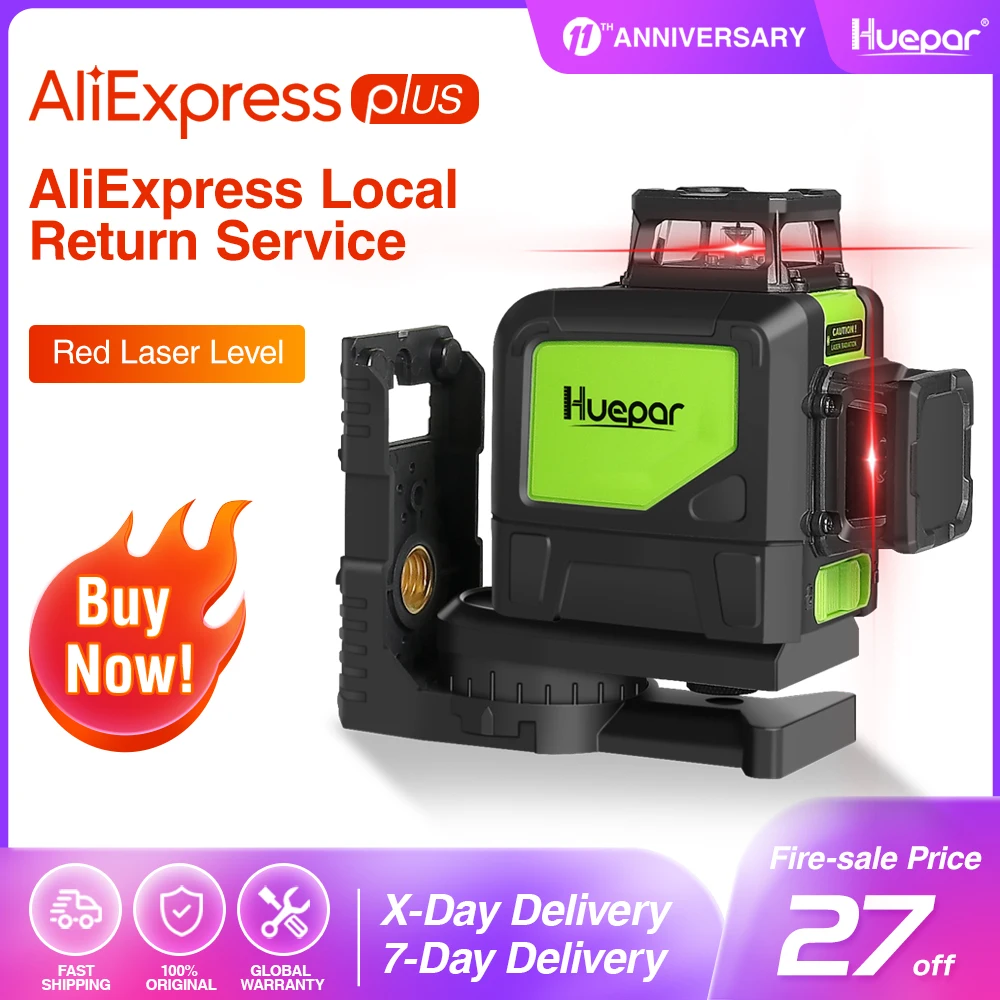 Huepar 8 lines laser level Self-leveling 3D Laser Level Red Beam 360-Degree Coverage Horizontal & Vertical Laser with Pulse Mode
