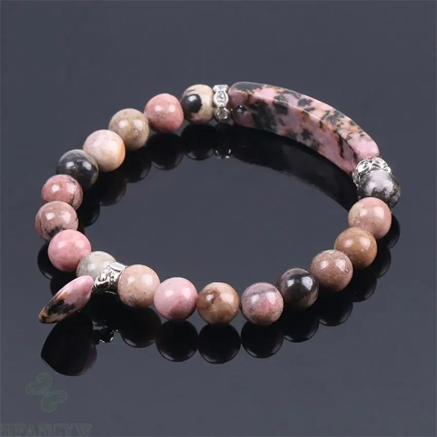 

8mm Rhodonite Love Heart Pendant Bracelet 7.5 Inches Pray Meditation Reiki Healing Bead Wrist Gift Stretchy Bless Yoga Prayer