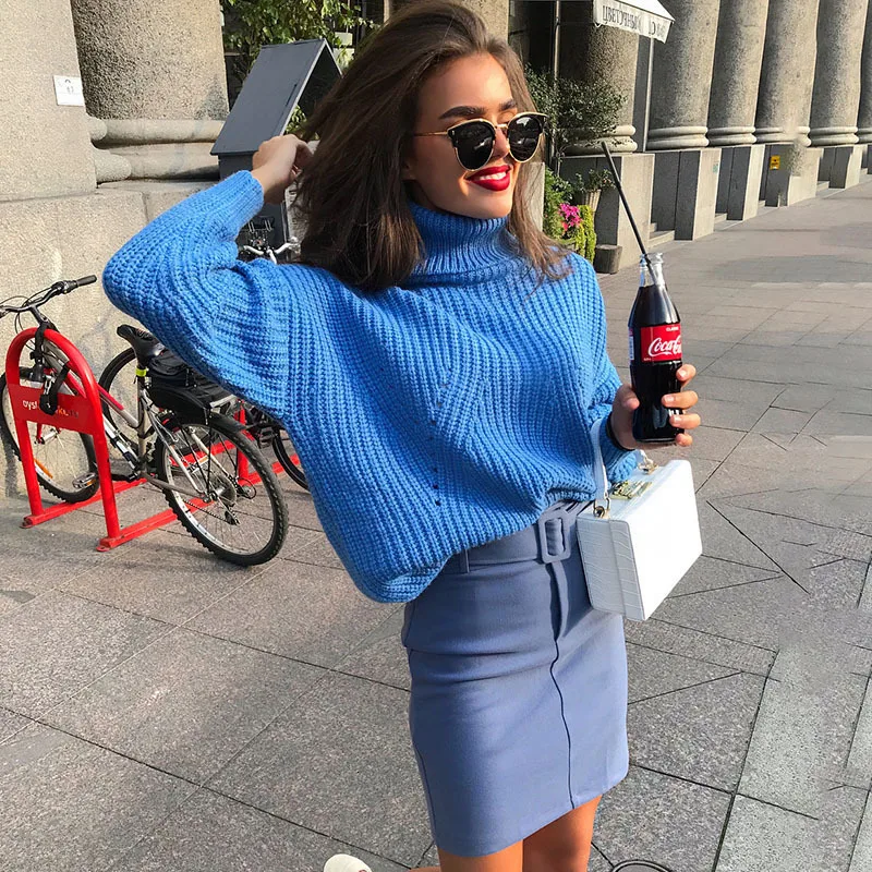 

Hollow Out Autumn Winter Pullover Turtleneck Sweater Women Lantern Sleeve Loose Blue Casual Solid Sweaters Pull Femme