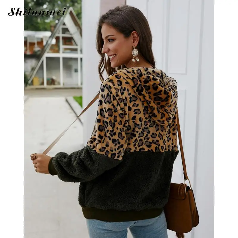 Jaqueta de lã de Leopardo Quente com Zíper Cabolsa de Retalhos com Capuz Mulheres Inverno Jaqueta Feminina Teddy Harajuku Cabolsa Chaqueta Mujer 2020 11 High Quality Moda Feminina