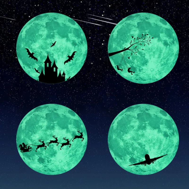 

30cm 3D Large Moon Fluorescent Wall Sticker Removable Glow In The Dark Sticker glow in dark flaring moon sticker