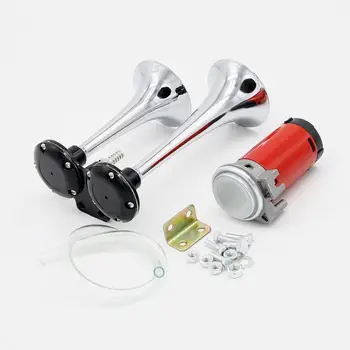 

12V Dual Trumpet Air Horn - Premium Quality Stainless Steel Super Loud Powerful Train Car Van Truck Boat Air Horn - Chrome