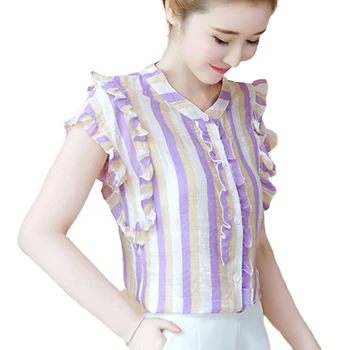 

Chiffon Striped Women Shirts 2020 Summer Ruffles Sleeveless Slim Office Lady Elegant Shirts Outwear Coat Tops