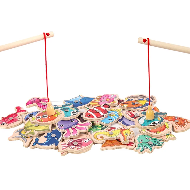 Magnetic Fishing Game Cartoon Marine Life Cognition Fish Rod Early Education Parent-child Interactive Wooden Toys For Children 3