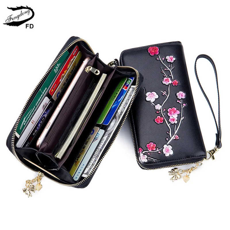 Koop Fengdong Womens Portefeuilles En Portemonnees Smart Anti Rfid Lange Pols Portemonnee Lederen Portemonnee Meisjes Telefoon Portemonnee Vintage Bloem Kaarthouder