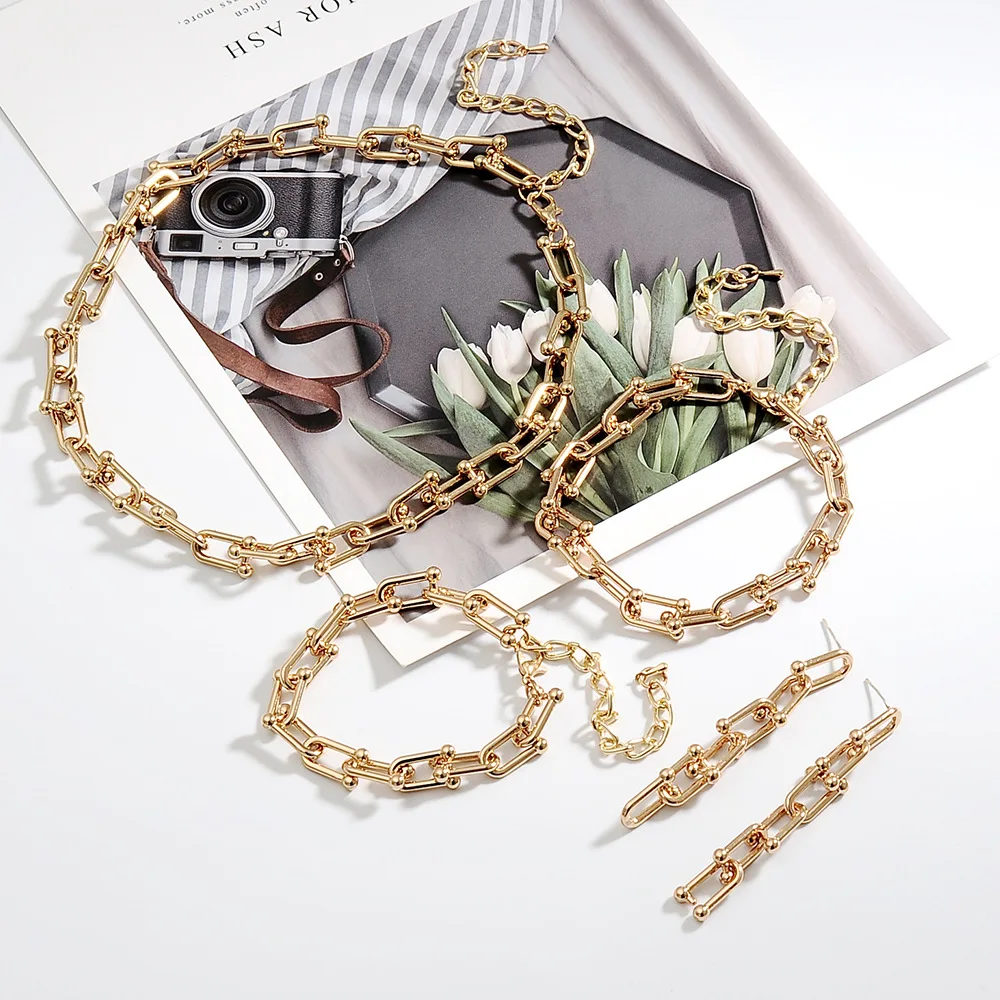 New Product Jewelry Set Simple U-shaped Horseshoe Buckle Stitching Chain Bracelet Anklet Necklace Earrings - Image 2