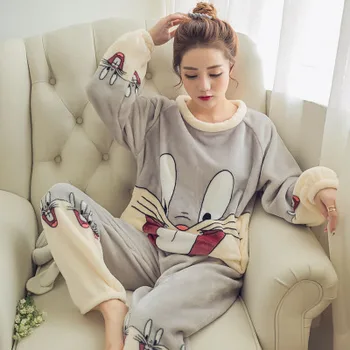 

Autumn and Winter Thick Warm Clad in His Flannel Pajamas Female Winter Long-Sleeved Coral Fleece Cute Cartoon Ms. Tracksuit Set