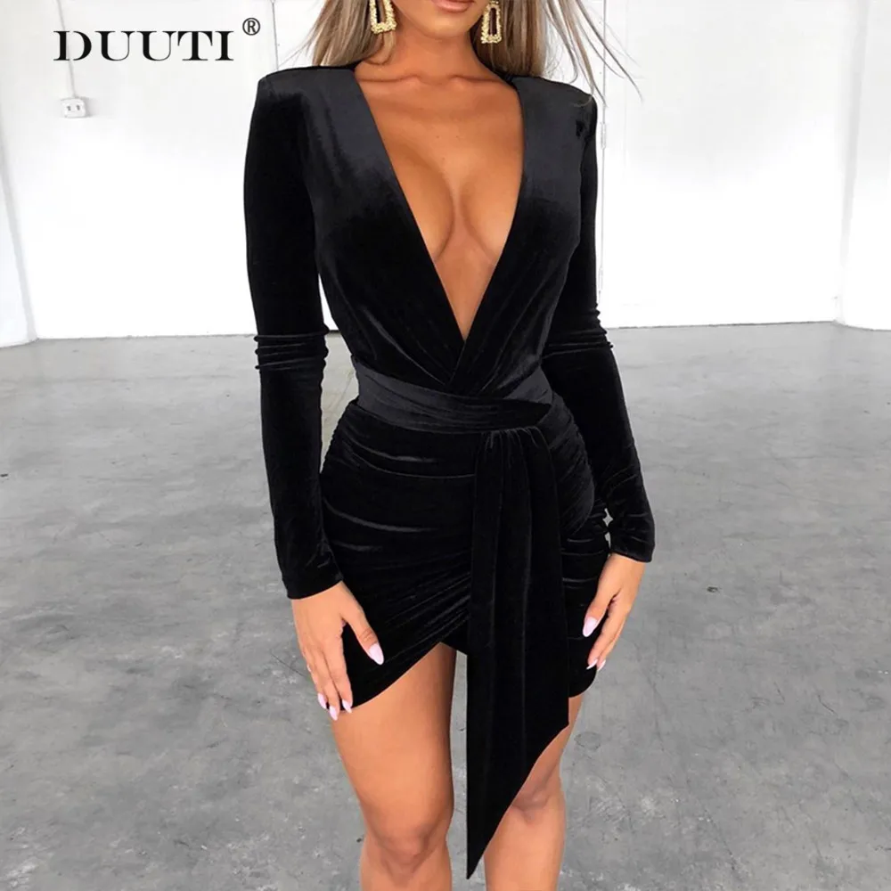 

Winter Deep V Neck Sexy Vintage Velvet Dress Slim Asymmetrical Bandage Tie Waist Party Mini Dresses Wrap Dress Vestidos D30