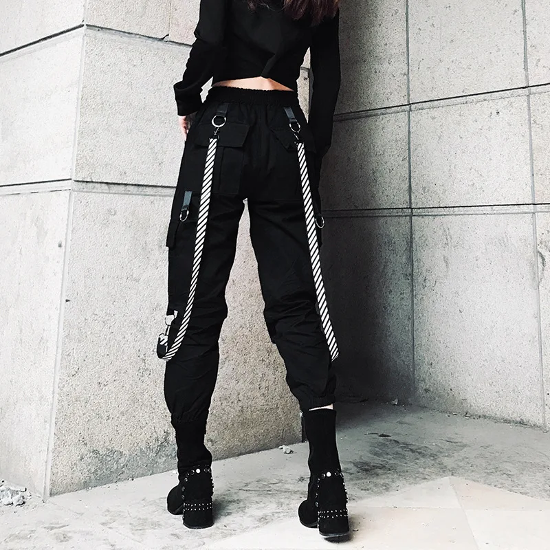 

NCLAGEN Women Cargo Pants BF Loose Casual Hip Hop Sweatpant Ribbons Elastic Drawstring Pockets Black Trousers Streetwear Capris