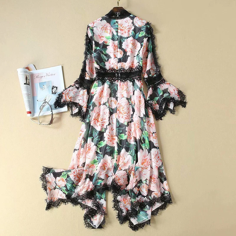 Высокое качество осень новые пляжные Boho Женская мода на рабочем месте вечерние Винтаж Элегантный шик Цветочный принт кружева шить сексуальное платье