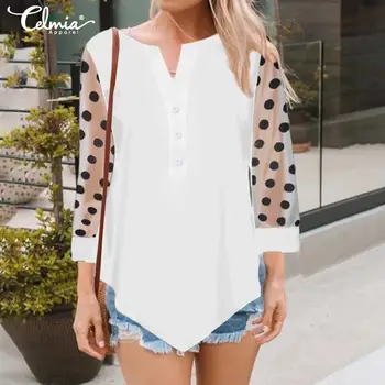 

S-5XL Plus Sized Celmia Sexy See Through Mesh Women Blouse Summer 3/4 Sleeve Tops V Neck Dot Shirts Casual Loose Blusas Female