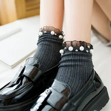 Женские модные носки, весна-осень, новые кружевные однотонные дышащие хлопковые короткие носки с жемчугом для женщин, милые носки