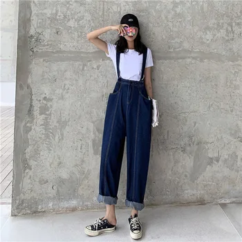 

Vintage Strap Jeans Women Adjustable Bandage Pocket Blue Denim Pants Female 2019 Autumn Winter Wide Leg Casual Trouser Plus Size