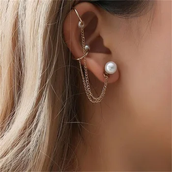 

Hot Sale Gold Tassel Earrings for Women White Pearl Clip Earring Hook Alloy Fake Piercing Helix Piercing Ear Cuff Earrings