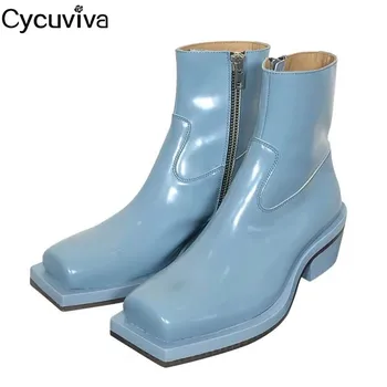 

New Real Leather Chelsea Ankle Boots For Women Square Toe Short Boots Chunky Heel Ladies T-show Shoes Runway Flat Knight Boots