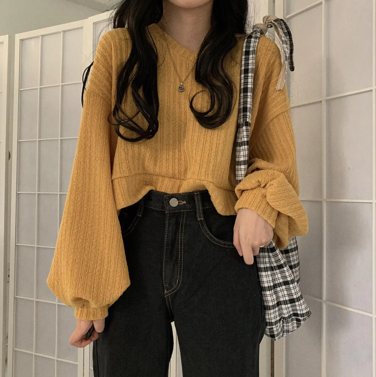 

Korea Version V Neck Lantern Long Sleeve Knit Pullover Sweater Women Retro Loose Crazy Style Short Mutlicolor Pull Femme Autumn