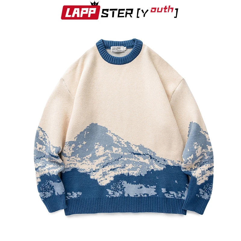 LAPPSTER-Youth Men Harajuku Moutain Winter Sweaters 2023 Pullover Mens Oversized Korean Fashions Sweater Women Vintage Clothes