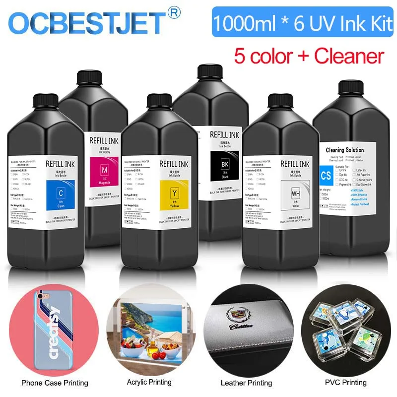 6x1000ml UV Ink With UV Cleaning For Epson P50 T50 L800 L805 L1800 R290 1390 1400 1500W R1900 R3000 Printer Ink UV Printer Ink