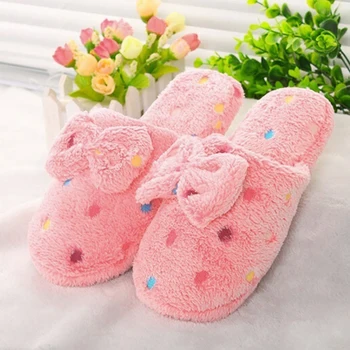 

Winter Women Slippers Cartoon bowknot Slippers Indoor Home Shoes Warm Adult Shoes Plush Pantufas with Bowtie Loafers