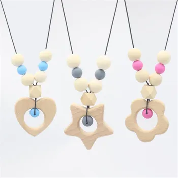 

Food Grade Silicone Teether Necklace Pendants Wooden Nursing Necklace Silicone Teething Necklaces with Feather Pendant BPA Free