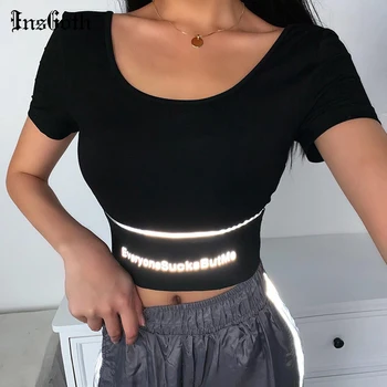 

InsGoth Black Slim Tees Women Streetwear Letter Print Reflective Short Sleeve O-neck Female Tops Fashion Summer T-shirts