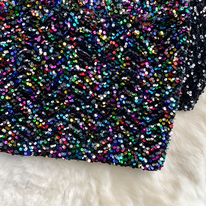 Elastic High Waist A- Line Sequins Velvet Skirt Women 2021 Autumn Winter New Slimming Hippie One-Step Mini Skirt Mujer Faldas