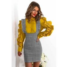 Модный Элегантный комбинезон юбка на подтяжках Женская Хаундстут Кружева рюшами Высокая Талия Bodycon Jupe mujer юбки черная одежда