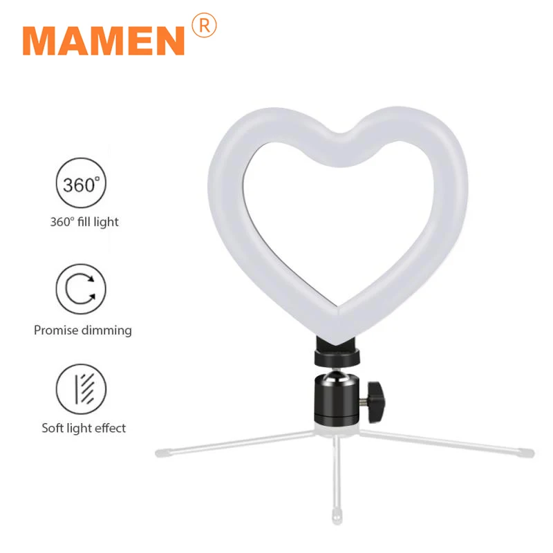 MAMEN-Anillo de luz en forma de corazón con trípode, iluminación de fotografía de 3000-5000K con enchufe USB para belleza, YouTube, vídeo