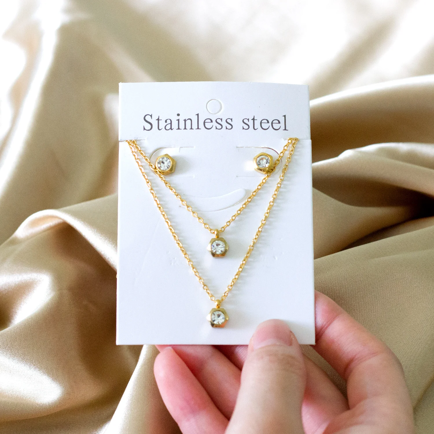 Fashion Women Crystal Stainless Steel Jewelry Set Pendant Necklace Earrings 18'' 