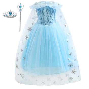 

2019New Girls Elsa Dress up Fantasy Short Sleeve O neck Sequin Snow Queen Princess Costume Elza Cosplay Halloween Dress for Girl