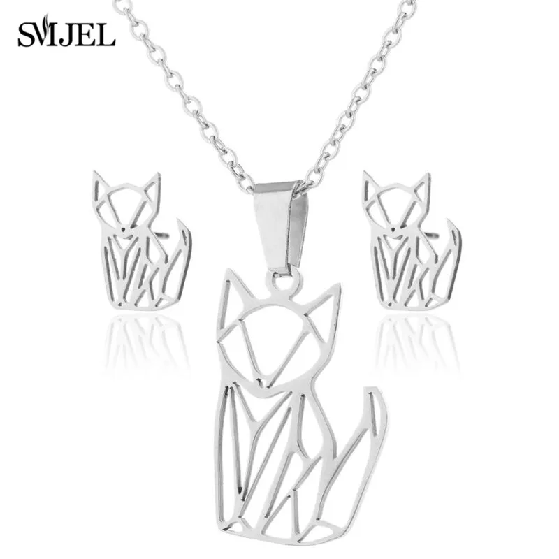 Silver Set SMJEL кошка оригами Ювелирные наборы для женщин золотого цвета милые животные кошка серьги Модные ювелирные изделия отпечаток очаровательные ожерелья ожерелье - Окраска металла: Silver Set