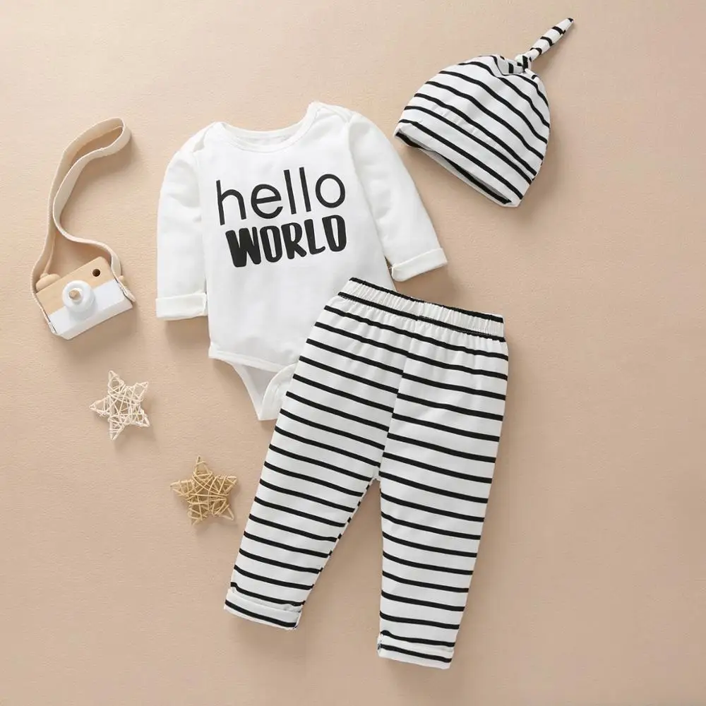 3 шт. детский хлопковый комбинезон с длинным рукавом и принтом Hello World |