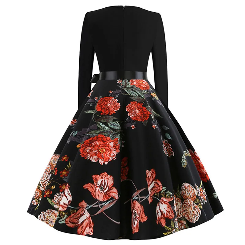 50s 60s ретро винтажное платье халаты рокабилли для женщин Элегантный цветочный принт с длинным рукавом платья для вечеринок повседневные женские Vestidos