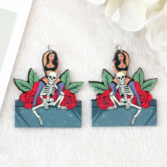 6Pcs Skull Lover Charms Afro Sexy Diva Lady Glamour Stylish Nubian Yoga Acrylic Jewlery Findings For Earring Necklace Diy with hoop