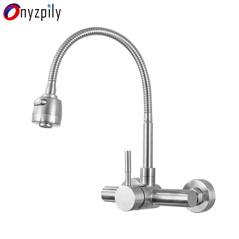 Onyzpily Free Shipping Brushed Kitchen Faucet Wall Mounted Two Models Hot&ampCold Water Sink 360 Rotation Sprayer Taps | Обустройство