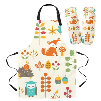 

Apron Kit Autumn Fall Cute Children Hedgehog Fox Kitchen Bib Oven Mitts for Cooking Woman Kids Aprons Cuff Baking Accessories