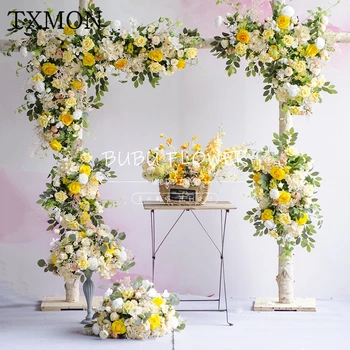 

New wedding props decoration yellow wooden arch flower photo photography background floral High grade stereo silk fake flowers