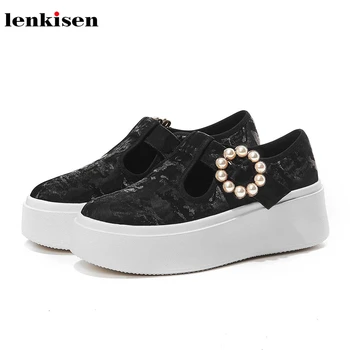 

Lenkisen sweet pearl buckle straps genuine leather thick bottom women pumps high heels round toe beauty lady autumn shoes L29