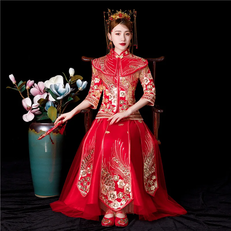 Красное свадебное платье Cheongsam с блестками и цветами в винтажном китайском стиле; торжественное платье в сеточку; костюм невесты; традиционный костюм в стиле Тан с вышивкой; Qipao