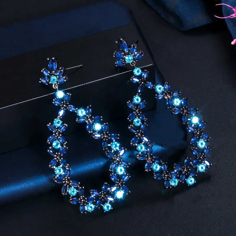 CWWZircons Drop Dangle Cluster Flower Leaf Dark Blue Cubic Zircon Crystal Long Party Earrings for Women Designer Jewelry CZ733
