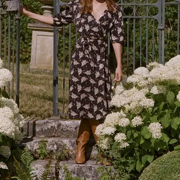 

2020 Spring Summer Dress Vintage Puff Sleeve Floral Print 100% Viscose French Style with Sashes Midi Dresses